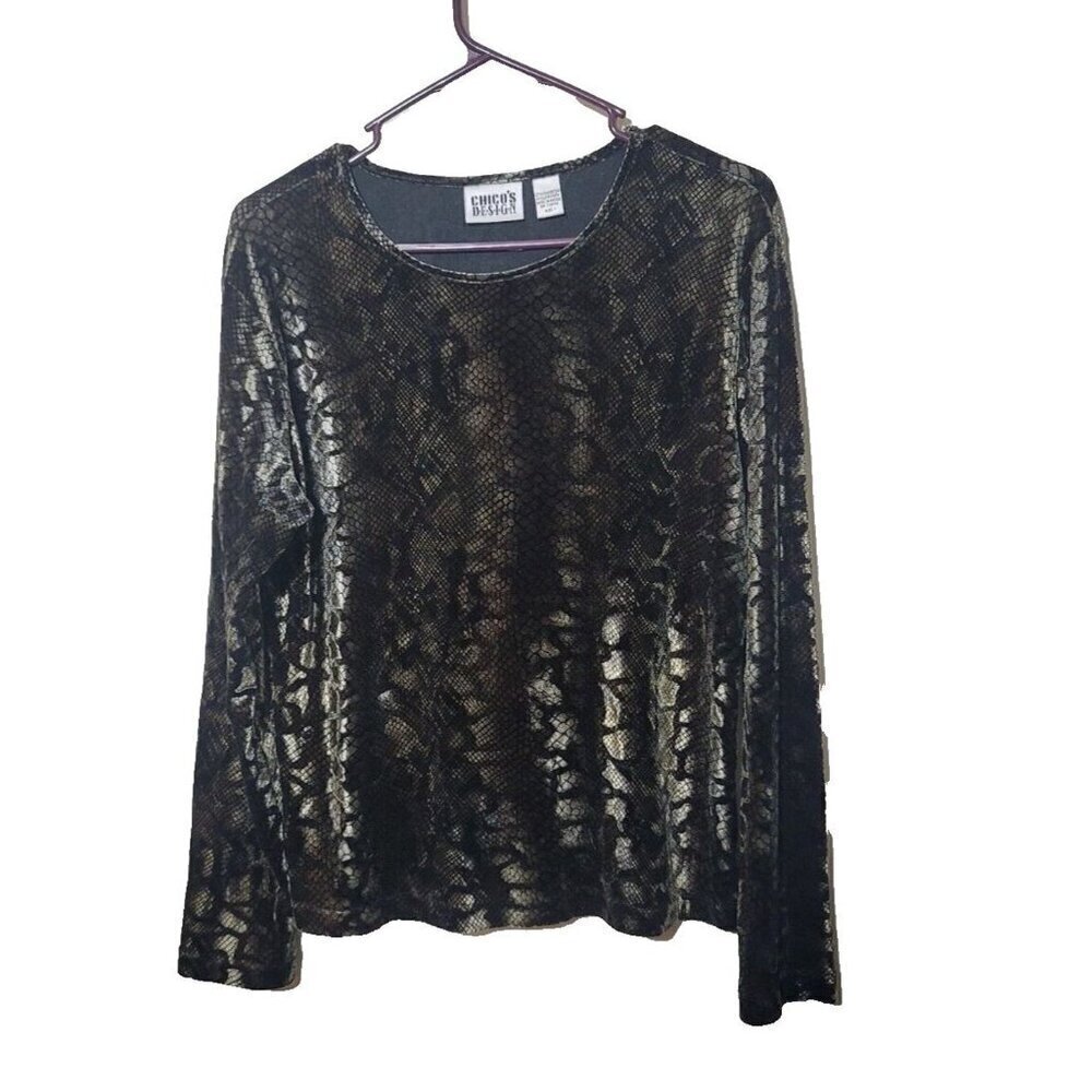 Chicos Design Blouse sz 1 M Snake Print Long Sleeve Velvet Soft Casual Stretch